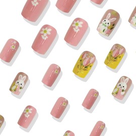 24 Pcs Medium Square Press on Nails Easter Fake Nails Glossy Acrylic Nails with Cute Bunny and Flower Designs Pink False Nails Full Cover Glue on Nails Rabbit for Women Girls Artificial Nails