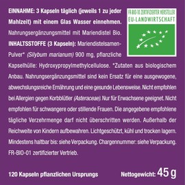 Mariendistel BIO Kapseln | Reines Mariendistel-Extrakt 100% BIO OHNE Zusätze | 120 Kapseln Hochdosiert - 900 mg TAGESDOSIS Silymarin - 100% Vegan