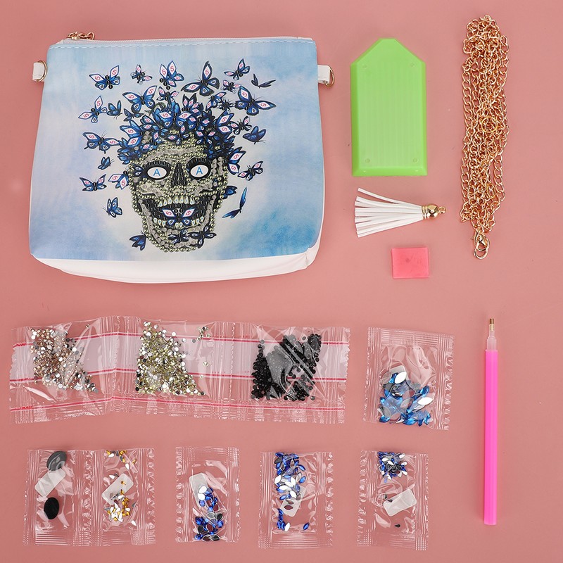 Diamond Painting Wallet White PU Leather Skull Pattern Chain Bag