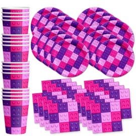 Pink Building Blocks Birthday Party Supplies Set Plates Napkins Cups Kit for 16