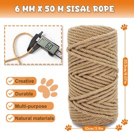 164FT/50M Natural Sisal Rope for Cat Scratcher,Cat Rope for Cat Scratch Post,Sisal Twine for Cat Scratching Post Replacement Parts,Cat Tree Tower with Scratch Post Repairing, Replace and DIY