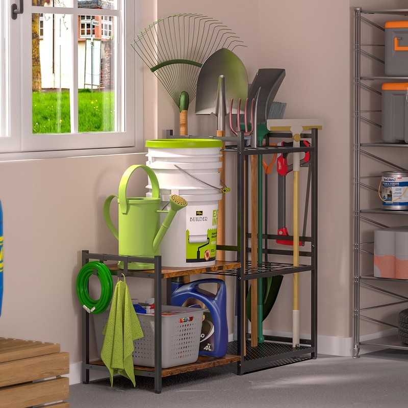 DAOUTIME Garage Tool Organizer with 2-tier Wooden Shelves, Yard Tool