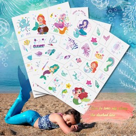 Mermaid Glitter Temporary Tattoos for Kids, 4 Sheets Bronzing Fake Tattoos for Girls, Cute Under Sea Animal Body Arm Shoulder Tattoos Stickers Waterproof Tattoos, Party Favors Supplies Decor Gifts