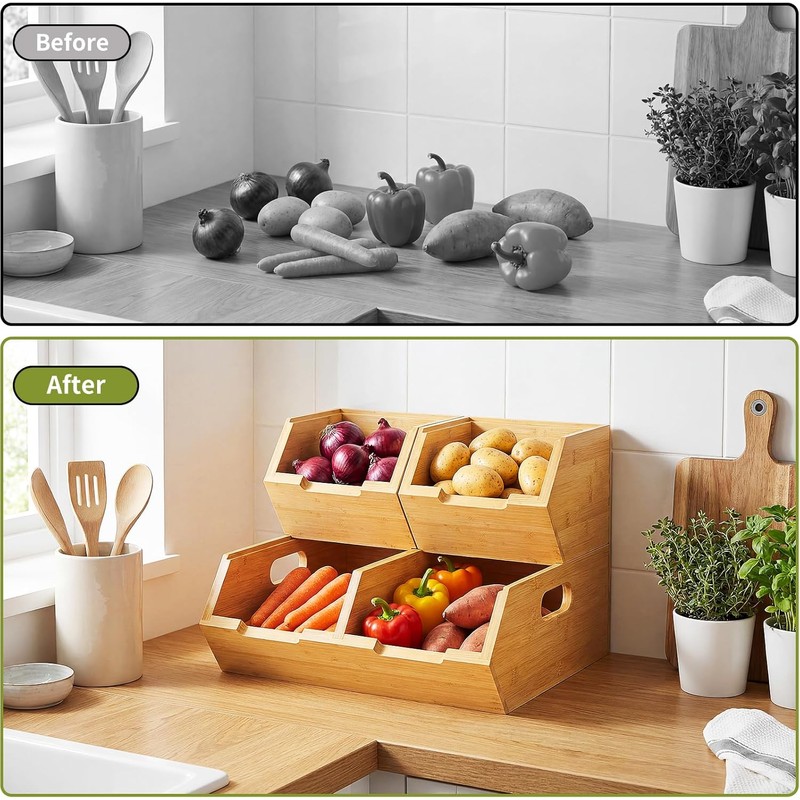 Bamboo Pantry Storage Bins, Stackable Potato and Onion Storage Bin