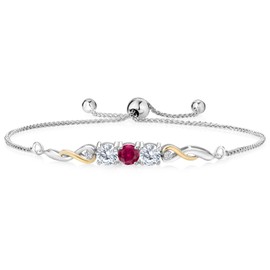 925 Sterling Silver and 10K Yellow Gold Red Created Ruby White Moissanite and White Lab Grown Diamond Tennis Bracelet For Women (2.02 Cttw, Gemstone July Birthstone, Fully Adjustable Up to 9 Inch)