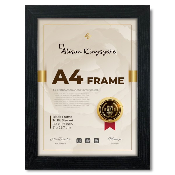 Alison Kingsgate Premium, Black Picture Frame in Size 29.7x21cm Picture Frames - A4 Certificate Frame - Photo Frame, Black with Clear Perspex Sheet & Wall Mounted Hook (Black)