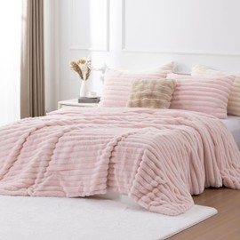 A Nice Night Stripes Fleece Queen Comforter Set -Super Soft & Warm Fluffy Bedding, Faux Fur Luxury Fuzzy Heavy Bed Set for Winter,Blush