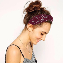 BAHABY Football Headbands for Women Crystal Football Embellished Wide Top Knot Headband for Women Game Day Hair Accessories (Burgundy)