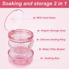 Maoerdental Retainer Cleaner Case,Double Layer No-Leak Denture Cup for Soaking Dentures, Denture Bath for Aligner,Retainers,Mouth Guard,Night Guard (Pink)