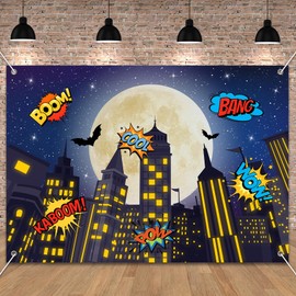 UMURILXY 10x8FT Superhero Cityscape Night Backdrop, Skyline Buildings City Moon Bat Polyester Photography Background for Parties, Birthday Photo Booth Prop Decorations