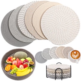SiliFine Woven Cotton Rope Round Placemats Set of 12, 6 Pcs 4.3" Drink Coasters with Holder, 6 Pcs 11.8" Round Farmhouse Nonslip Heat Resistant Braided Boho Placemat for Kitchen Table Decor(Blended)