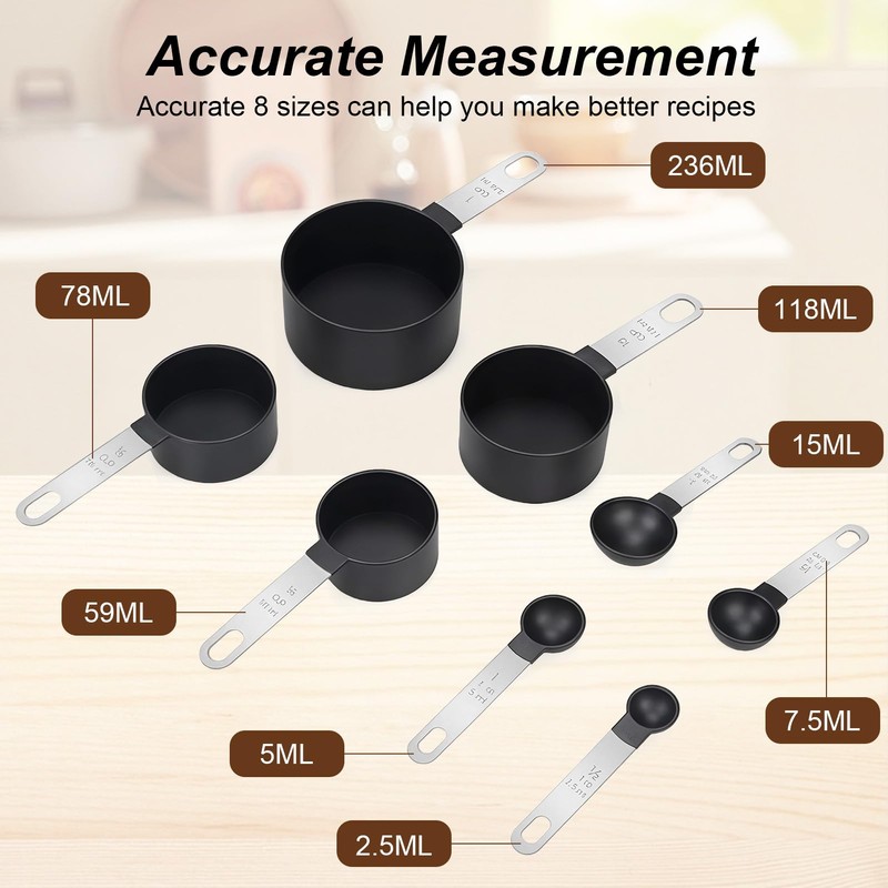 Debbery 8 Pcs Black Measuring Spoons Sets, Cup Measurements Set
