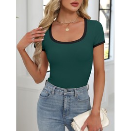 ANRABESS Women Short Sleeve Tops Square Neck Ribbed Knit Color Block T Shirts Fitted Casual Summer 2025 Trendy Basic Tees Deep Green Medium