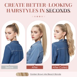 Human Hair Claw Clip Ponytail,Prokyvity Claw Clip Human Hair Ponytail,Claw Clip Ponytail Extension Human Hair,Claw Clip Real Hair Ponytail for Women 14"/105g Golden Brown Mix Bleach Blonde