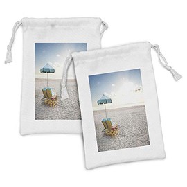 Lunarable Blue Beach Fabric Pouch Set of 2, A Pair of Beach Chair and Umbrella Composition on Sandy Seashore in Sunlight, Small Drawstring Bag for Toiletries Masks and Favors, 9" x 6", Multicolor