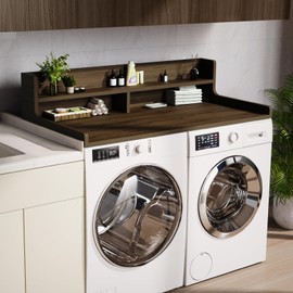 FZGhome Washer Dryer Countertop, 54" x 27.55" 2-Tier Washer Dryer Topper with Edge, for Laundry Room Organization Walnut Brown