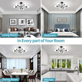 ZSMIHDOH Modern Sputnik Chandelier Black, 6-Lights Semi Flush Mount Ceiling Light for Living Room Bedroom Dining Room Kitchen Office Foyer, E27 Base (6 Light - Black)