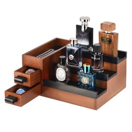 GLOKUUCA Perfume Stand Organizer for Men, 3 Tier Perfume Display Shelf with Velvet Lining Drawer and Hidden Compartment (Walnut Black - 2 Drawer)