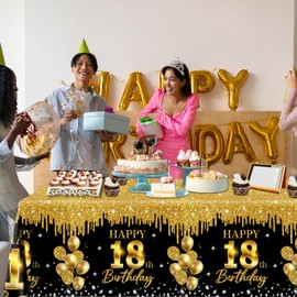 CMUSKO 3Pcs 18th Birthday Tablecloth Black and Gold Birthday Decorations Happy 18th Birthday Table Cover, Time to Adult 18th Birthday Tablecloth for Boys Girls 18th Birthday Party Supplies