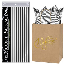 Flexicore Packaging Natural Brown Kraft Paper Welcome Bags & Black Gift Wrap Tissue Paper | Size: 8 Inch X 4.75 Inch X 10.5 Inch | Count: 5 Bags | Color: Black Pin Stripe