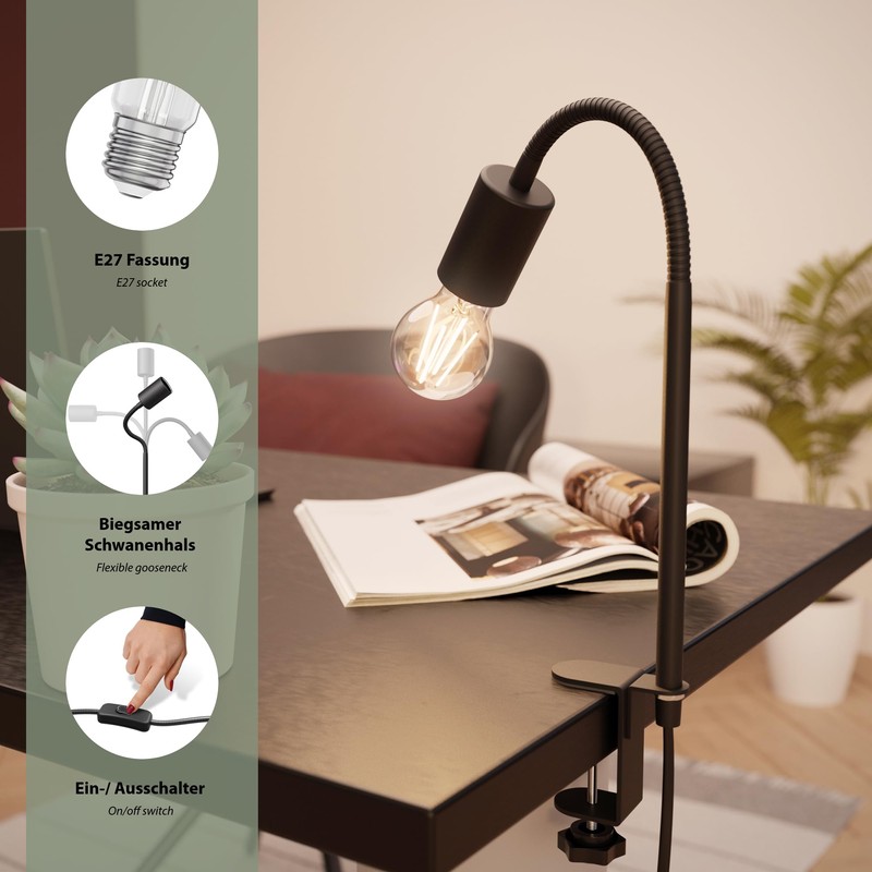 ledscom.de LELE E27 Clamp Light with Gooseneck Black Including E27