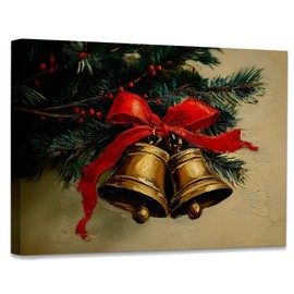 WODMIS Vintage Christmas Wall Decorations Framed Canvas Art, Cozy Winter Cottage Coquette Red Bow Xmas Bells Decor Canvas Home Decorations for Home Bedroom Living Room Wall Decor 11x14
