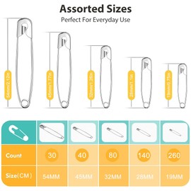 D-buy 550 Pcs Safety Pins Assorted, 5 Different Sizes Small and Large Safety Pins, Safety Pins for Clothes, Costume Pins Sewing, Nickel Plated Steel Pin Bulk, Arts, Crafts Supplies