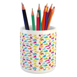 Lunarable Rabbit Pencil Pen Holder, Easter Theme Bunnies Hopping and Running Ears Hare Rhythmic Colorful Animal Print, Ceramic Pencil Holder for Desk Office Accessory, 3.6" X 3.2", Multicolor