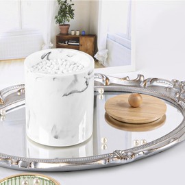 Tonxus Marble White Qtip Holder with Bamboo Lid,Vanity Cotton Swab Holder,Resin Cotton Ball Container,Makeup Sponges Cosmetics Canister,Bath Salts Storage Jars for Bathroom