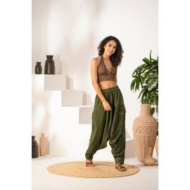 Elephant Cotton Pants for Women Gypsy Clothes for Women Pajama Harem Pants Women Bloom Pants, Green - Sacred Spirits, One Size