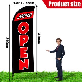 Buryeah 11ft Now Open Flag Banner for Business Advertising Feather Flag Sign with Flagpole Ground Stake Portable Bag Opening Signs Flag Banner Set for Outside Business (Black)