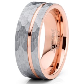 Metal Masters CO. Men's Hammered Grooved Tungsten Carbide Wedding Band Ring Silver Rosegold-Tone Comfort-Fit 8MM