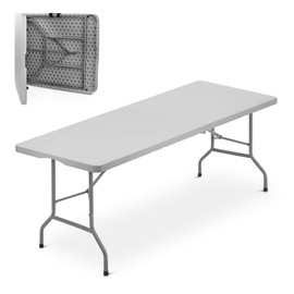 Athena Collection 8 ft Square Folding Dining Table, Large Plastic Foldable Table Portable with Carry Handle, Heavy Duty Fold-in-Half Utility for Indoor Outdoor Party Camping Picnic, Grey