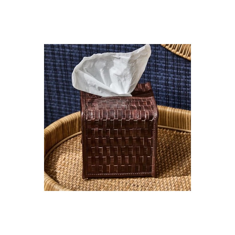 Two's Company Chestnut Woven Leather Tissue Box Cover, 5.5-Inch