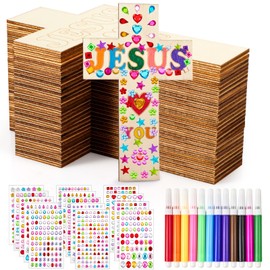 36 Pieces Wood Cross Crafts for Kids DIY Wooden Cross for Christian Jesus Sunday School Vacation Bible School Crafts Supplies with 14 Pieces Stickers and 12 Pieces Watercolor Pens (Classic Style)