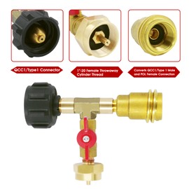 MOFLAME Propane Gas Brass Tee Adapter with 3 Port for Camping or RV, Acme Nut &QCC1Propane Gas Fitting with 1"-20 Female/Male Throwaway Cylinder Thread Adapter