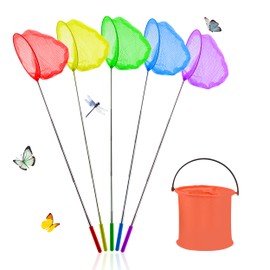 Abitoncc 6 Pack Fishing Nets for Kids and Foldable Bucket Set Colorful Telescopic Butterfly Net Extendable Fishing Nets for Beach (Form 37 to 85cm) Catching Insects Children Fishing Net for Ponds Pool