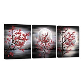 Zlove 3 Pieces Black and Red Canvas Wall Art Full Moon Red Flower Tree Painting Nature Landscape Artwork Picture Print for Bedroom Living Room Ready to Hang 12x16inchx3pcs