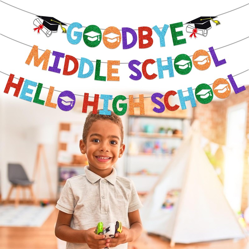 Goodbye Middle Hello High School Banner 8th Grade Graduation Decorations