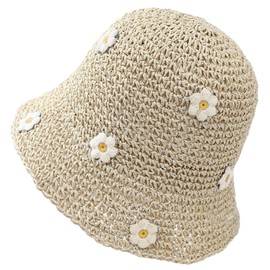 Busnos Straw Bucket Hats for Women Cute Straw Bucket Visor Hats for Women Packable Summer Flower Crochet Beige Sun Hat Wide Brim Beach Hat Gifts Travel