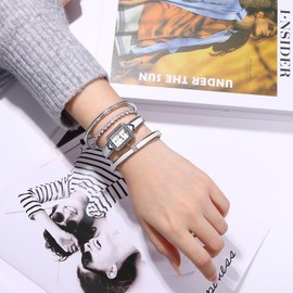 Silverora 4pcs Women's Watch Bracelet Square: Rhinestone Zircon Analogue Quartz Watches Ladies Wrist Watches with Roman Numerals Bangle Gifts for Women Girls Silver