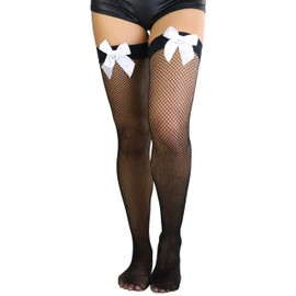 ToBeInStyle Women's Satin Bow Detail Fishnet Thigh Highs