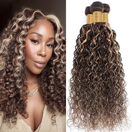 Dokksiiia 8/10/12 Inch Ombre Blonde Human Hair Bundles P4/613 Highlight Curly Wave Bundles Two Tone Dark Brown and Light Blonde Mix Kinky Curly Brazilian Human Hair Extensions for Black Women