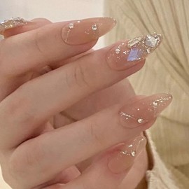 Hkanlre Press on Nails Medium Gold Fake Nails Tips Full Cover Almond False Rhinestones Nails for Women 24PCS