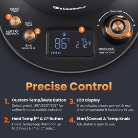 Elite Gourmet EKT3001 1L Digital Water Kettle, 304 Stainless Steel Interior, Programmed Temperatures, Keep Warm Function, Cordless, 360° Base, Auto Off & Audible Indicator, Matte Black