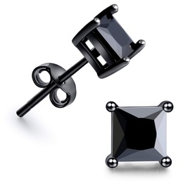 Unisex Black CZ Stud Earrings - Princess Cut Square Cubic Zirconia Earrings for Women And Men
