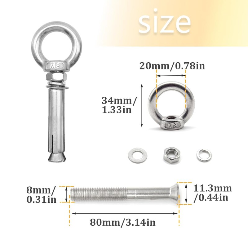 Hocansen 5Pcs Concrete Eye Bolt M8x80mm Expansion Eyebolt Eye Nut