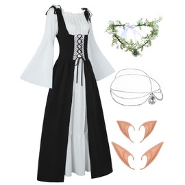 Gothic Clothing Women's Medieval Renaissance Dress Trumpet Sleeves Vintage Dresses Carnival Costume Pirate Cosplay Outfit with Head Chain Flower Wreath Elf Ears Overknee Socks FR035M