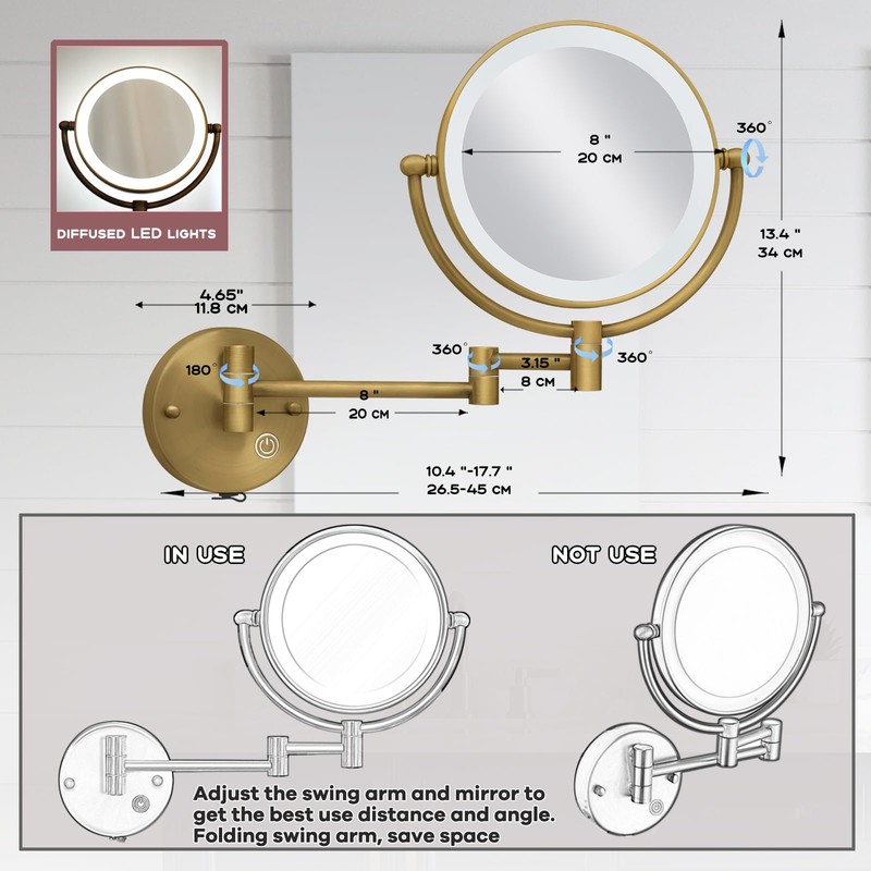 RECKODOR Brass Wall Mounted Makeup Mirror with Lights and Magnification,