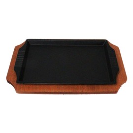 Ebros Gift Personal Size Cast Iron Unseasoned Sizzling Fajita Rectangular Pan Skillet Japanese Steak Plate With Wood Underliner Trivet Base Restaurant Home Kitchen Cooking Supply